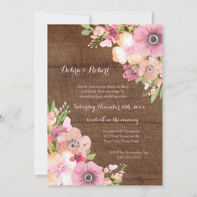 Rustic Wood Pink Flowers Vow Renewal Invitation (Back)