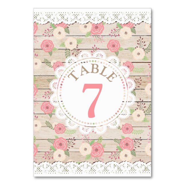 Rustic Wood Pink Flowers Wedding Table Number Card (Front)