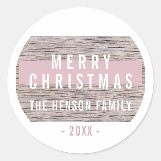Rustic Wood Pink Merry Christmas Family Classic Round Sticker (Front)
