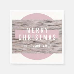 Rustic Wood Pink Merry Christmas Family Napkin