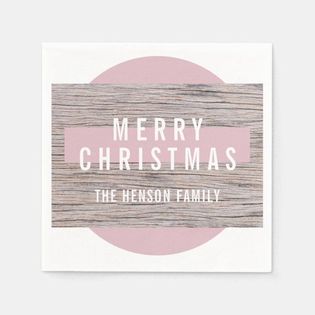 Rustic Wood Pink Merry Christmas Family Napkin (Front)