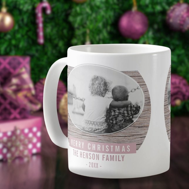Rustic Wood Pink Merry Christmas Family Photo Coffee Mug (Creator Uploaded)