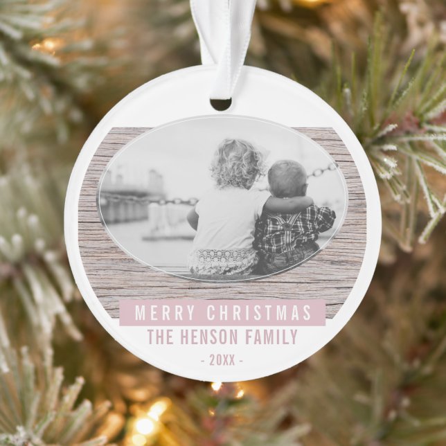 Rustic Wood Pink Merry Christmas Family Photo Ornament (Tree)