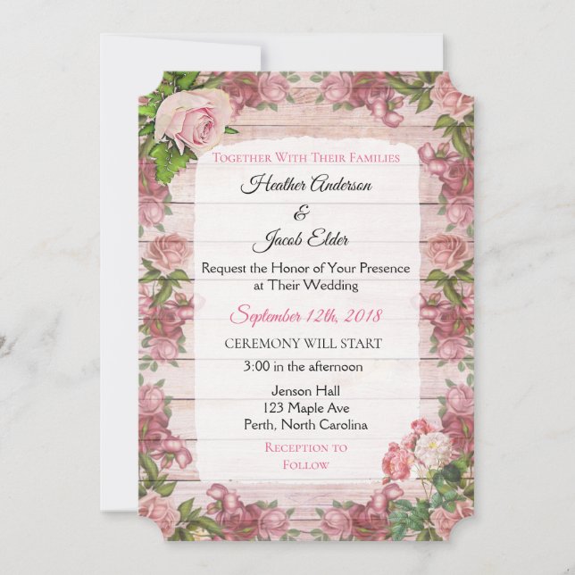 Rustic Wood Pink Rose Elegant Wedding Invitations (Front)
