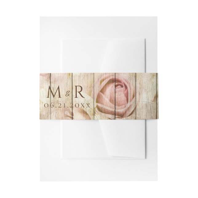 Rustic Wood Pink Rose Floral Wedding Invitation Belly Band (Front Example)