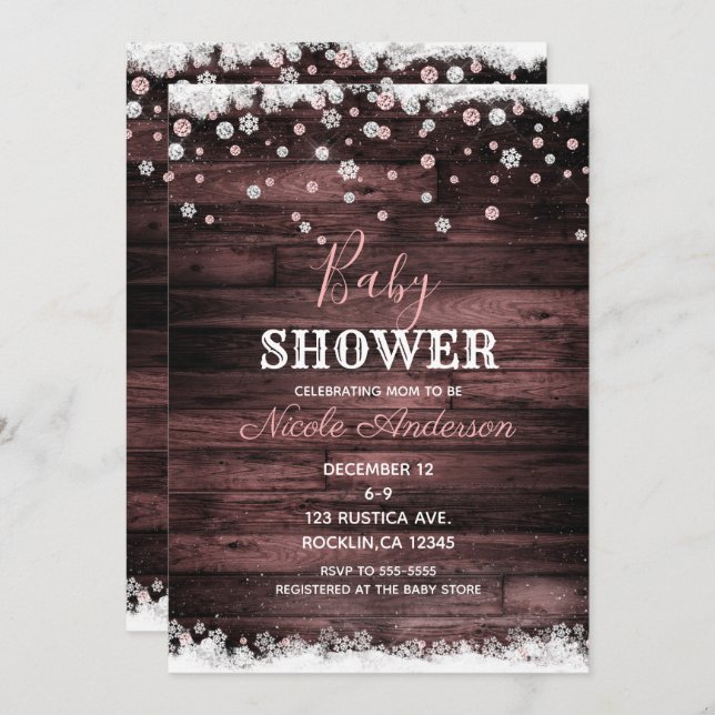 Rustic Wood Pink Rose Gold Winter Snow Baby Shower Invitation (Front/Back)