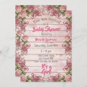 Rustic Wood Pink Roses Baby Shower Invitation
