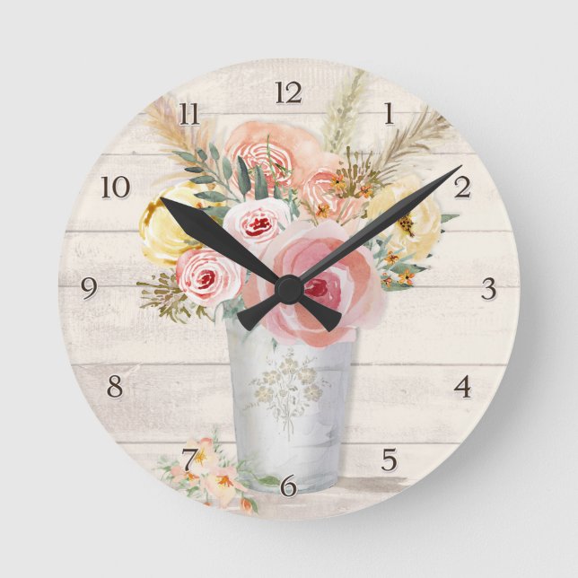 Rustic Wood Pink Roses Floral Bouquet Pampas Grass Round Clock (Front)