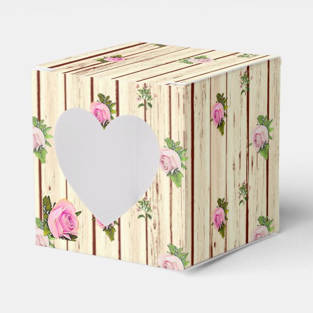 Rustic Wood Pink Roses Striped Floral Favour Box (Front Side)