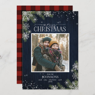 Rustic Wood Plaid Snowflakes Merry Christmas Photo Holiday Card