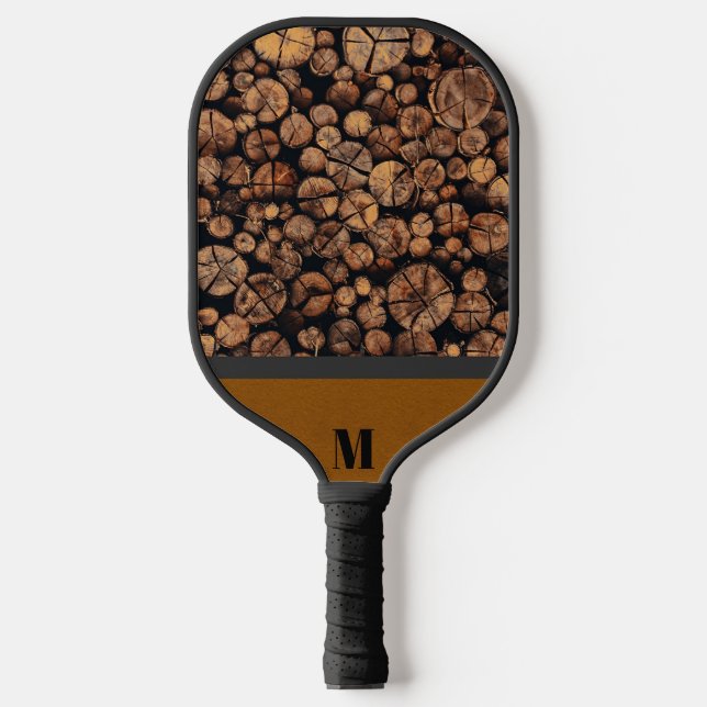 Rustic Wood Plank Modern Monogram Pickleball Paddle (Front)