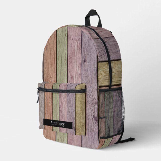 Rustic Wood Plank Pastel Personalised Name  Printed Backpack (Back Corner Right)