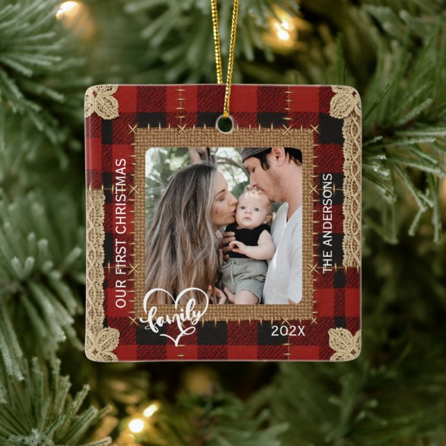 Rustic Wood Plank Plaid First Christmas Family Ceramic Ornament (Tree)