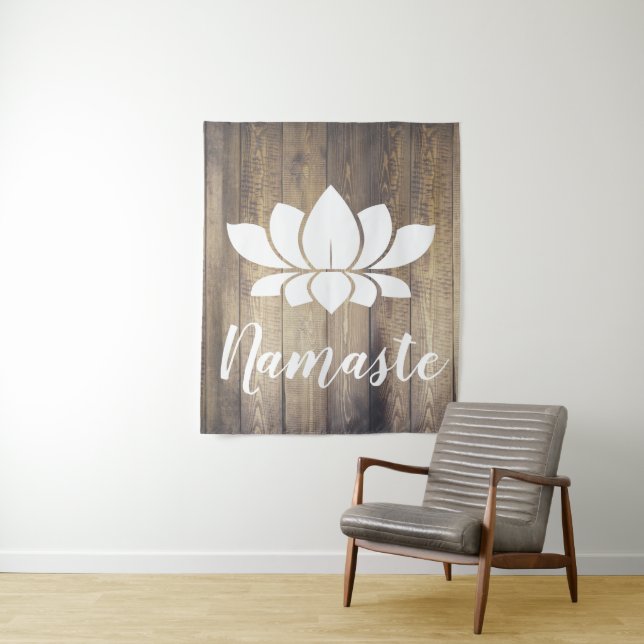 Rustic Wood Planks Namaste White Lotus Yoga Tapestry (In Situ)