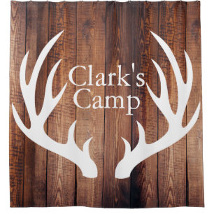 Rustic Wood Planks White Deer Antlers   Custom Shower Curtain