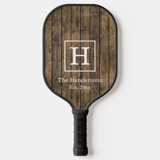 Rustic Wood Planks with DIY Colour Frame, Monogram Pickleball Paddle (Front)