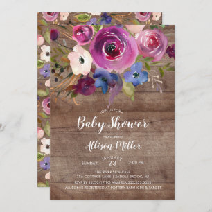 Rustic Wood Plum Floral Baby Shower Invitation