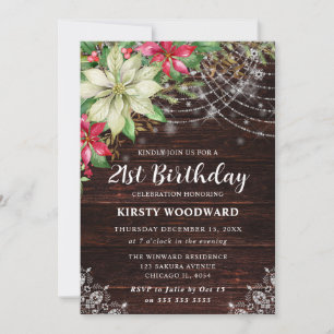 Rustic Wood & Poinsettia 21st Birthday Invitation
