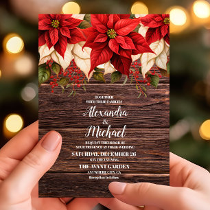 Rustic Wood Poinsettia Floral Christmas Wedding    Invitation