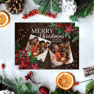 Rustic Wood Poinsettia Floral Confetti Christmas Holiday Card