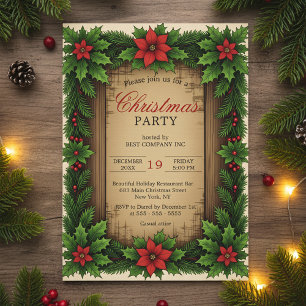 Rustic Wood Poinsettia Holly Wreath Christmas Invitation