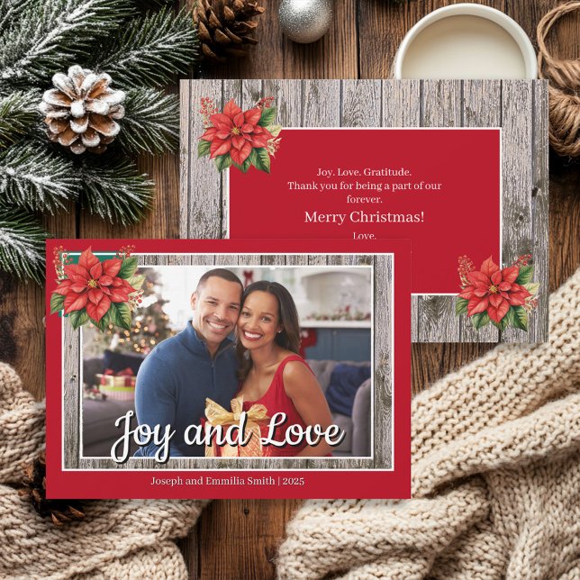 Rustic Wood Poinsettia Red Family Photo  Holiday Card (Red rustic wood and poinsettias photo "Joy and Love" Christmas card)