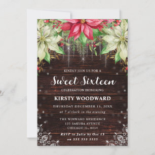 Rustic Wood & Poinsettia Sweet Sixteen Invitation