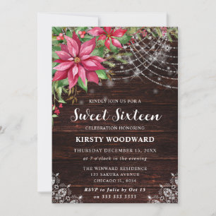Rustic Wood & Poinsettia Sweet Sixteen Invitation