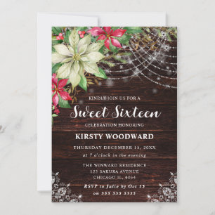 Rustic Wood & Poinsettia Sweet Sixteen Invitation