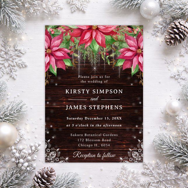 Rustic Wood & Poinsettia Winter Wedding Invitation (Creator Uploaded)