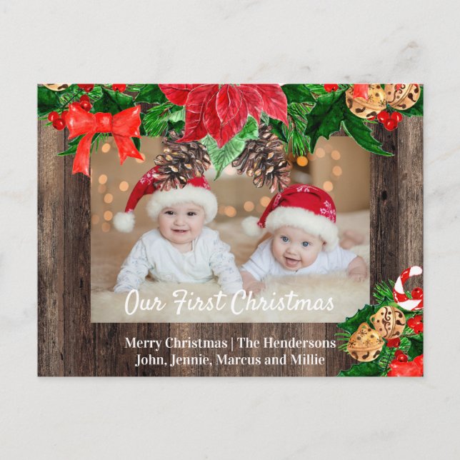Rustic Wood Poinsettias Twins First Christmas Holiday Postcard (Front)