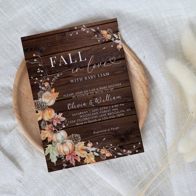 Rustic Wood Pumpkin Fall in Love Baby Shower Invitation (Creator Uploaded)