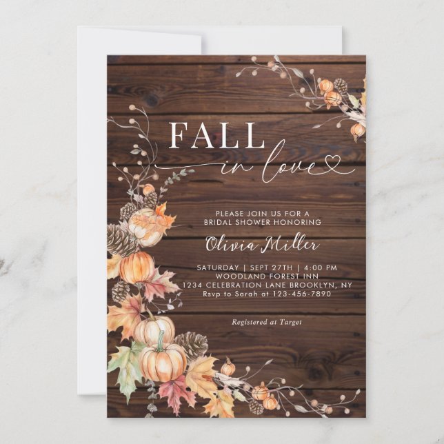 Rustic Wood Pumpkin Fall in Love Bridal Shower Invitation (Front)