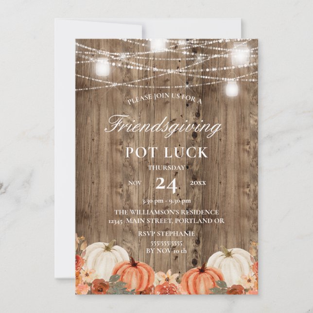 Rustic Wood Pumpkin  Floral Friendsgiving Pot Luck Invitation (Front)