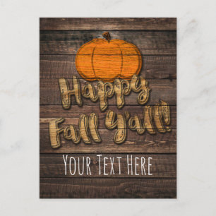 Rustic Wood Pumpkin Happy Fall Y'all Fall Greeting Announcement Postcard