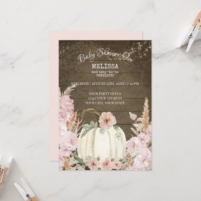 Rustic Wood Pumpkin Pampas Grass Pink Girl Baby  Invitation (Front/Back In Situ)
