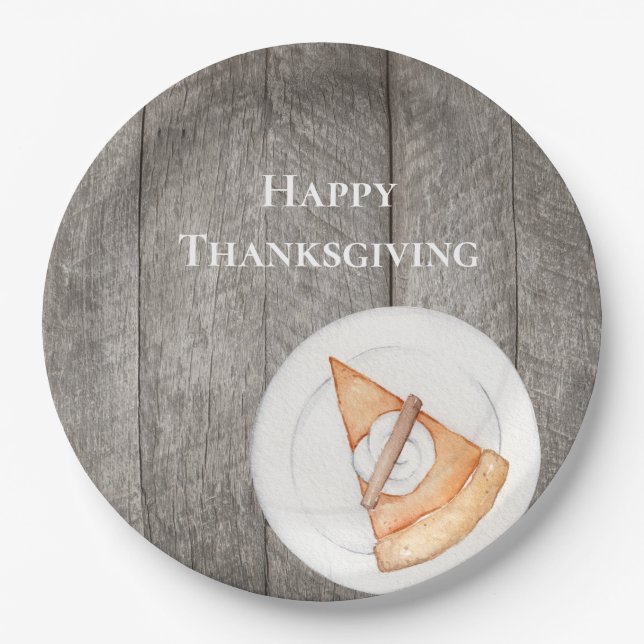 Rustic Wood Pumpkin Pie Happy Thanksgiving Paper Plate (Front)