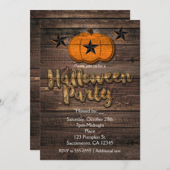 Rustic Wood Pumpkin & Stars Halloween Invitations (Front/Back)
