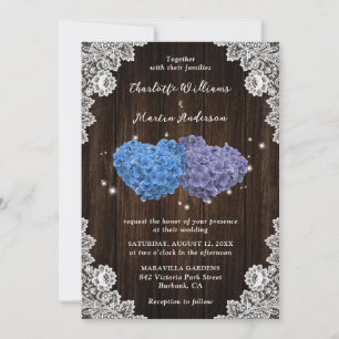 Rustic Wood Purple and Blue Floral Hearts Wedding Invitation