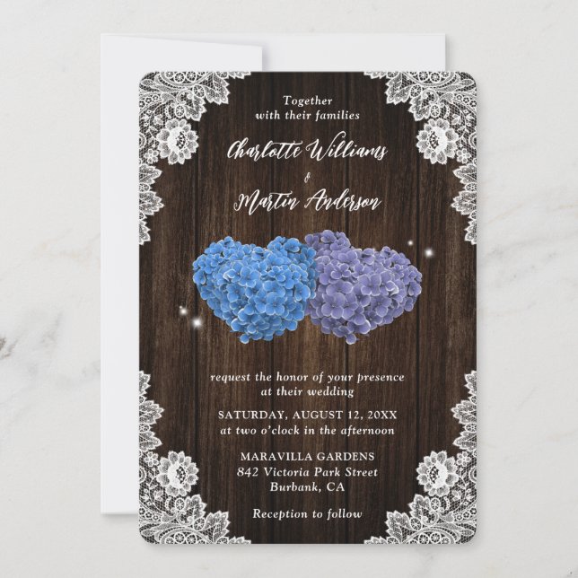 Rustic Wood Purple and Blue Floral Hearts Wedding Invitation (Front)