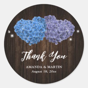 Rustic Wood Purple Blue Floral Wedding Thank You Classic Round Sticker