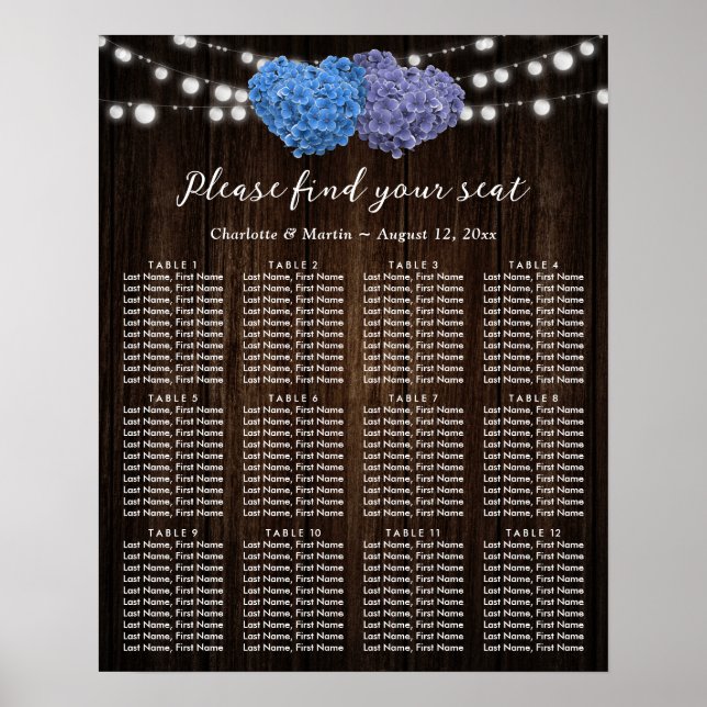 Rustic Wood Purple Blue Wedding Seating Chart 12 (Front)