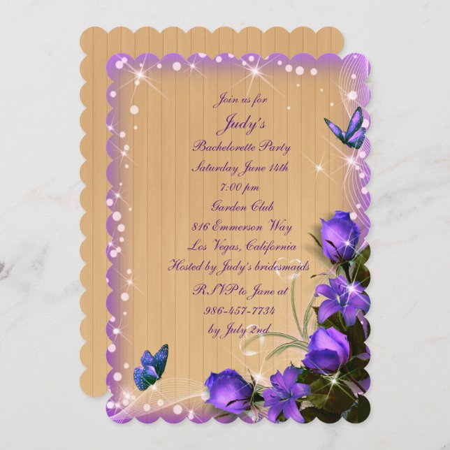 Rustic Wood Purple Floral Bachelorette Party Invitation (Front/Back)