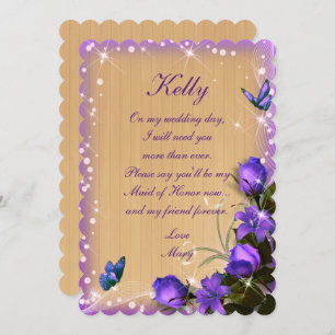 Rustic Wood Purple Floral Butterfly Maid Of Honour Invitation