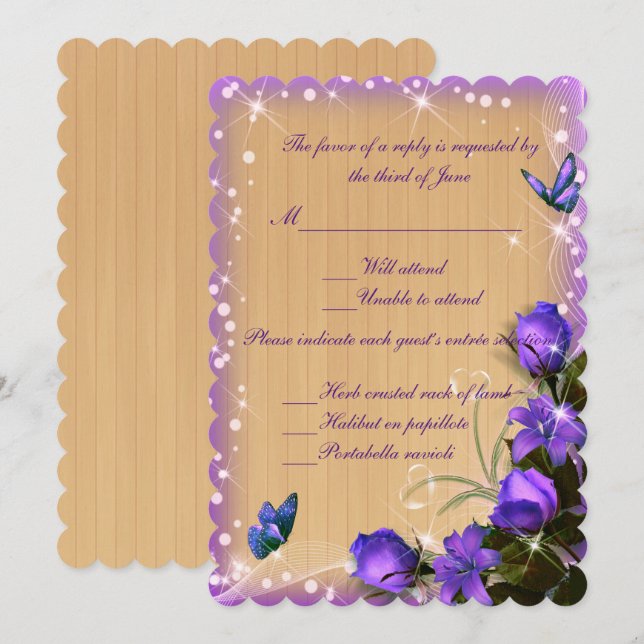 Rustic Wood Purple Floral Butterfly Response Card (Front/Back)