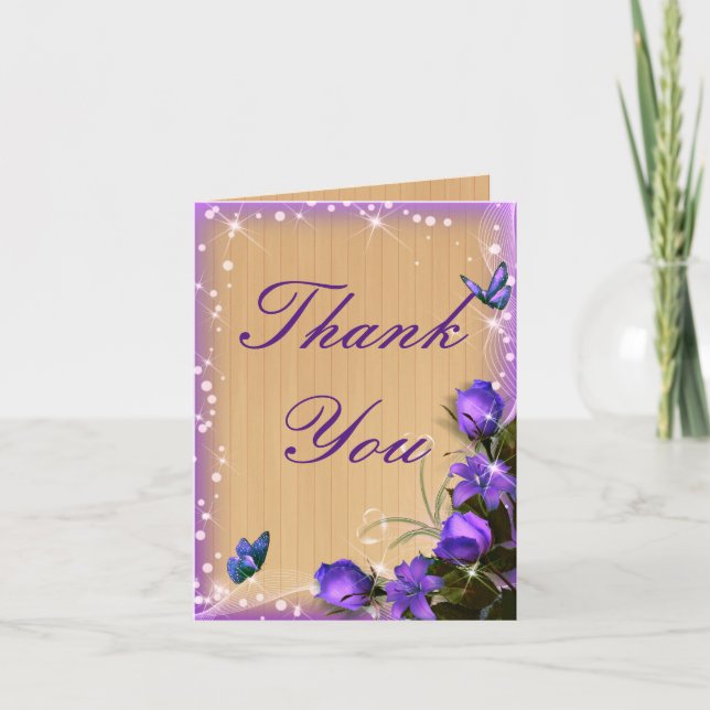Rustic Wood Purple Floral Butterfly Thank You Card (Front)
