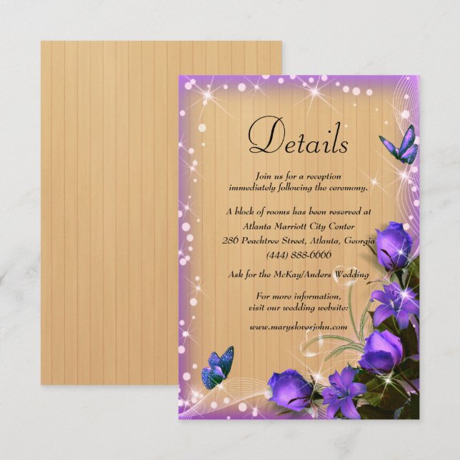 Rustic Wood Purple Floral Butterfly Wedding Detail Enclosure Card (Front/Back)