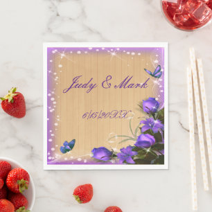 Rustic Wood Purple Floral Butterfly Wedding Paper Napkin