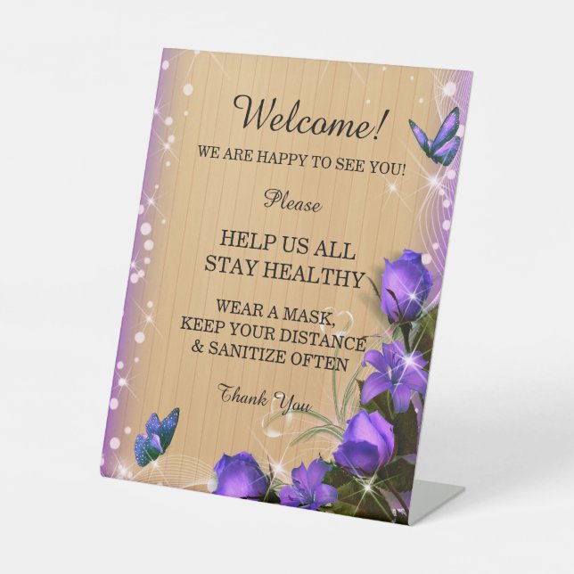 Rustic Wood Purple Floral Butterfly Wedding Safety Pedestal Sign (Front)