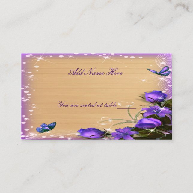 Rustic Wood Purple Floral Butterfly Wedding Table Place Card (Front)